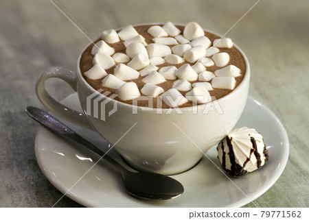 Composition of mug of coffee with marshmallows on porcelain plate on light background, top view. Composition of mug of coffee with marshmallows on porcelain plate on light background, top view. 79771562
