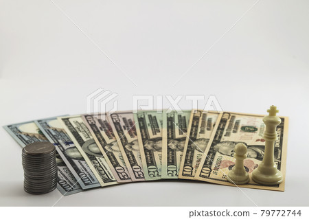 US american dollar money bills and coins cents spread on white background US american dollar money bills and coins cents spread on white background 79772744
