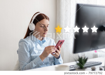 Business customer user give rating to service experience on online application. Customer review satisfaction feedback 79772792