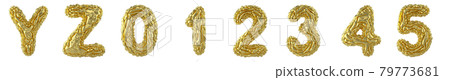 Realistic 3D letters set Y, Z, 0, 1, 2, 3, 4, 5 made of crumpled foil. Collection symbols of crumpled gold foil isolated on white background. 79773681