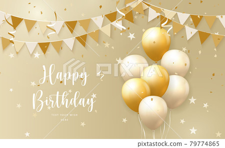 Elegant yellow golden ballon and ribbon flag Happy Birthday celebration card banner template background 79774865