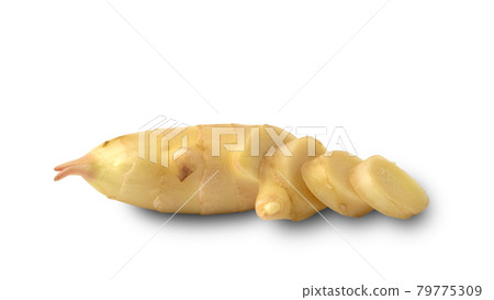 Fresh sliced young ginger root isolated on white background with Clipping Path 79775309