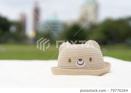 light brown bear hat on the mat in the picnic feild, in the sunshine day with blur the park in the city background. 79776264