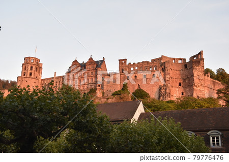 Das Heidelberger Schloss im roetlichen Abendlicht der untergehenden Sonne Das Heidelberger Schloss im roetlichen Abendlicht der untergehenden Sonne 79776476