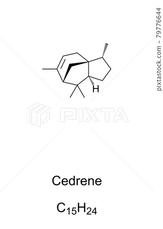 Cedrene, chemical formula and skeletal structure. Alpha-cedrene, also known as cedr-8-ene, an organic compound, found in cedar oil, an essential oil, used as an aroma compound. Illustration. Vector. Cedrene, chemical formula and skeletal structure. Alpha-cedrene, also known as cedr-8-ene, an organic compound, found in cedar oil, an essential oil, used as an aroma compound. Illustration. Vector. 79776644
