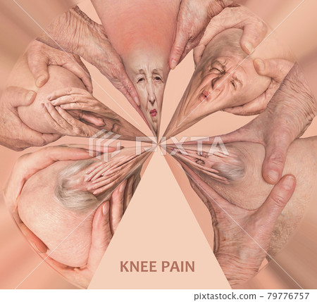 Senior people holding the knee with pain. Collage. elderly pensioner and problems. Old age and illnesses. 79776757