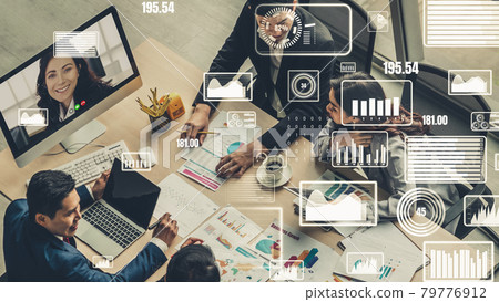 Creative visual of business people in a corporate staff meeting on video call Creative visual of business people in a corporate staff meeting on video call 79776912