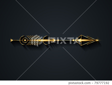 Gold arrow luxury design. Vector minimalism, sacred geometry totem, hipster design elements. vector art, clipart. Golden Abstract Mystic Geometric symbols isolated on black background Gold arrow luxury design. Vector minimalism, sacred geometry totem, hipster design elements. vector art, clipart. Golden Abstract Mystic Geometric symbols isolated on black background 79777192