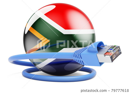Internet connection in South Africa. Lan cable with South African flag, 3D rendering 79777618