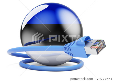 Internet connection in Estonia. Lan cable with Estonian flag, 3D rendering 79777664