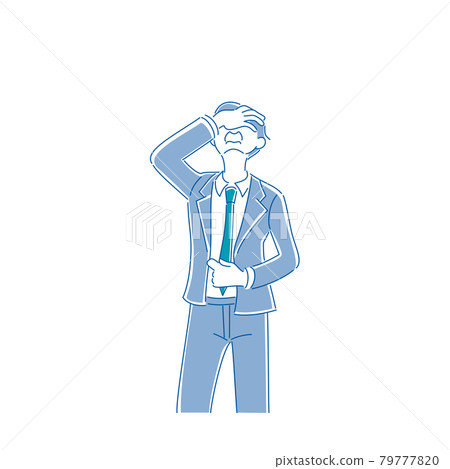 A man in a suit who puts his hand on his face and looks up and mourns 79777820
