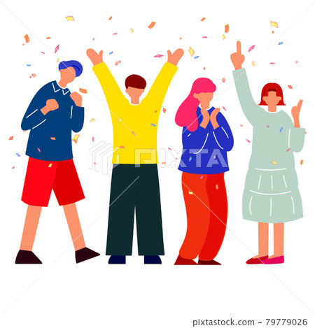 Illustrations of men and women rejoicing with confetti Illustrations of men and women rejoicing with confetti 79779026