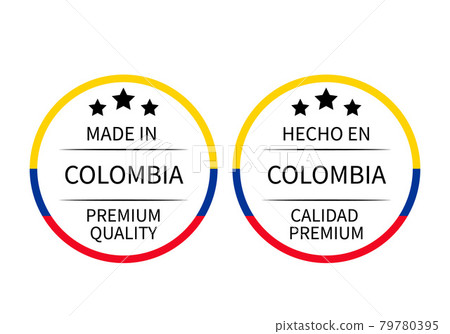 Made in Colombia round labels in English and in Spanish languages. Quality mark vector icon. Perfect for logo design, tags, badges, stickers, emblem, product package 79780395