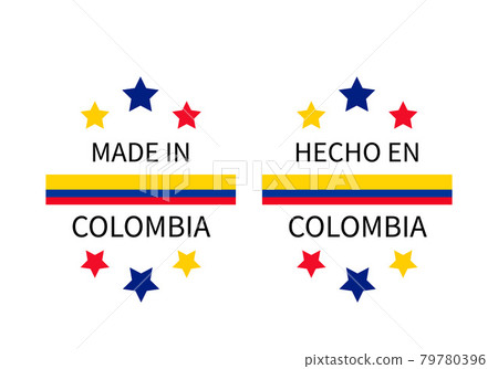 Made in Colombia labels in English and in Spanish languages. Quality mark vector icon. Perfect for logo design, tags, badges, stickers, emblem, product package 79780396