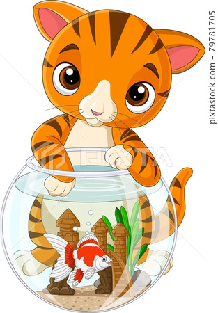 Cartoon striped cat with goldfish in fishbowl Cartoon striped cat with goldfish in fishbowl 79781705