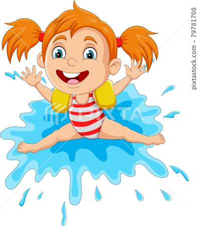 Cartoon little girl playing on the water Cartoon little girl playing on the water 79781708