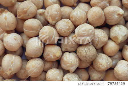 Raw chickpeas close-up texture. Food background, layout 79783429
