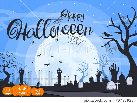 Halloween Night Party Landing Page Illustration With Witch, Haunted House, Pumpkins, Bats and Full Moon. For Background, Banner, Wallpaper, or Brochure Halloween Night Party Landing Page Illustration With Witch, Haunted House, Pumpkins, Bats and Full Moon. For Background, Banner, Wallpaper, or Brochure 79783925