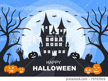 Halloween Night Party Landing Page Illustration With Witch, Haunted House, Pumpkins, Bats and Full Moon. For Background, Banner, Wallpaper, or Brochure Halloween Night Party Landing Page Illustration With Witch, Haunted House, Pumpkins, Bats and Full Moon. For Background, Banner, Wallpaper, or Brochure 79783926