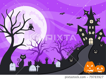 Halloween Night Party Landing Page Illustration With Witch, Haunted House, Pumpkins, Bats and Full Moon. For Background, Banner, Wallpaper, or Brochure Halloween Night Party Landing Page Illustration With Witch, Haunted House, Pumpkins, Bats and Full Moon. For Background, Banner, Wallpaper, or Brochure 79783927