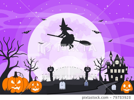 Halloween Night Party Landing Page Illustration With Witch, Haunted House, Pumpkins, Bats and Full Moon. For Background, Banner, Wallpaper, or Brochure Halloween Night Party Landing Page Illustration With Witch, Haunted House, Pumpkins, Bats and Full Moon. For Background, Banner, Wallpaper, or Brochure 79783928