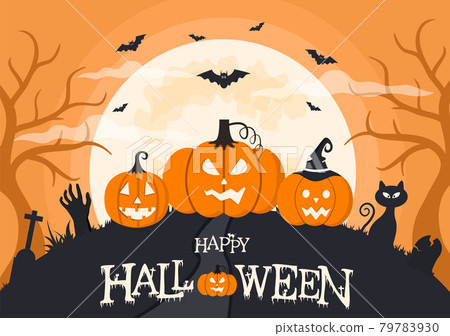 Halloween Night Party Landing Page Illustration With Witch, Haunted House, Pumpkins, Bats and Full Moon. For Background, Banner, Wallpaper, or Brochure Halloween Night Party Landing Page Illustration With Witch, Haunted House, Pumpkins, Bats and Full Moon. For Background, Banner, Wallpaper, or Brochure 79783930