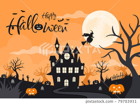 Halloween Night Party Landing Page Illustration With Witch, Haunted House, Pumpkins, Bats and Full Moon. For Background, Banner, Wallpaper, or Brochure 79783931