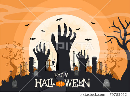 Halloween Night Party Landing Page Illustration With Witch, Haunted House, Pumpkins, Bats and Full Moon. For Background, Banner, Wallpaper, or Brochure Halloween Night Party Landing Page Illustration With Witch, Haunted House, Pumpkins, Bats and Full Moon. For Background, Banner, Wallpaper, or Brochure 79783932