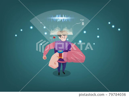 concept of smart watch for medical technology, man running with application on device with healthcare interface. Flat style cartoon illustration vector concept of smart watch for medical technology, man running with application on device with healthcare interface. Flat style cartoon illustration vector 79784036