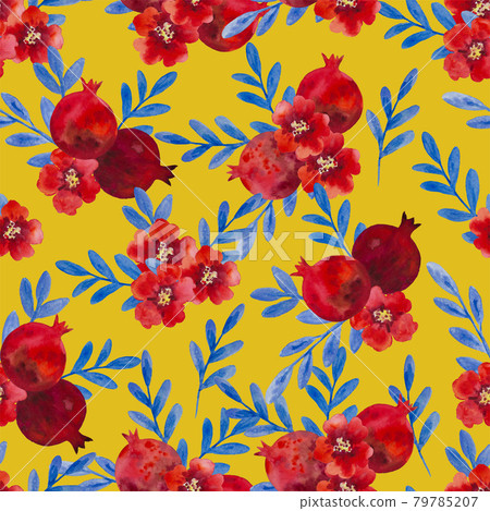 Watercolor seamless pattern with pomegranate flowers and branches. Hand painted illustration. Watercolor seamless pattern with pomegranate flowers and branches. Hand painted illustration. 79785207