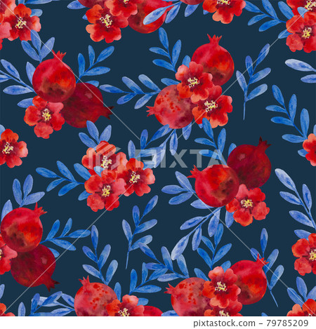 Watercolor seamless pattern with pomegranate flowers and branches. Hand painted illustration. Watercolor seamless pattern with pomegranate flowers and branches. Hand painted illustration. 79785209