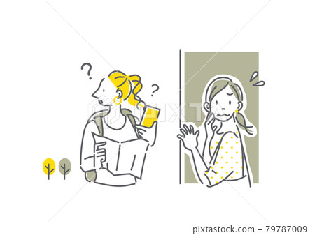 A woman hiding from a foreign tourist who wants to hear the way Simple and fashionable line drawing illustration 79787009