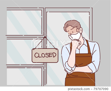 Businessman has sad mood with closed sign board hanging on the door of cafe because due to viral infection. Hand drawn in thin line style, vector illustrations. 79787090