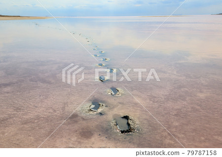 Human footprints in the curative mud of pink salt Syvash lake in Kherson region, Ukraine Human footprints in the curative mud of pink salt Syvash lake in Kherson region, Ukraine 79787158