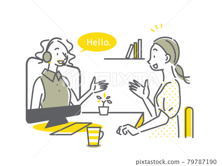 A young woman taking an online English conversation lesson at home Simple and stylish line drawing illustration 79787190