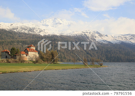 Crap da Sass castle at Silvaplana lake near Saint Moritz, Switzerland Crap da Sass castle at Silvaplana lake near Saint Moritz, Switzerland 79791556