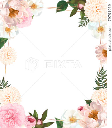 Retro cute white background vector frame illustration material of plants with flowers and buds in gentle colors 79791939