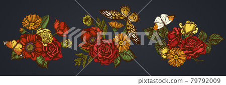Flower bouquet of colored poppy flower, calendula, african giant swallowtail, great orange-tip Flower bouquet of colored poppy flower, calendula, african giant swallowtail, great orange-tip 79792009