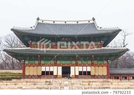 Injeongjeon Hall of Changdeokgung Palace in winter with snow falling Injeongjeon Hall of Changdeokgung Palace in winter with snow falling 79792233