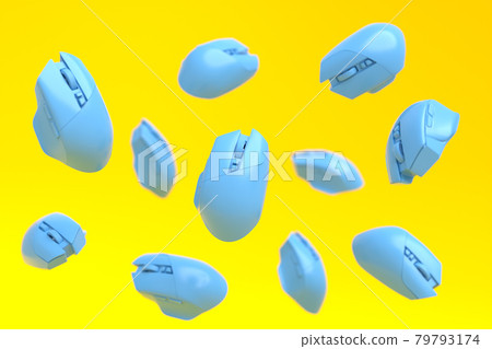 Flying blue gamer mouse on yellow background with blur 79793174