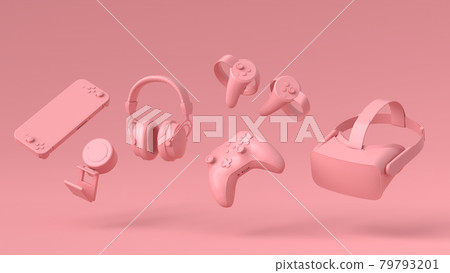 Flying gamer gears like mouse, keyboard, joystick, headset, VR on pink 79793201