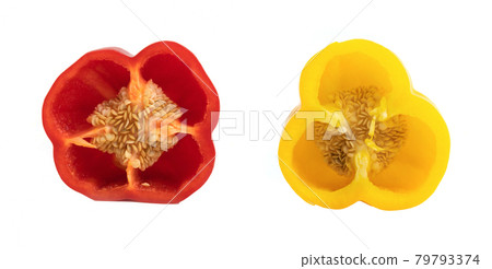 Top view of bell peppers. Fresh vegetables. Raw organic healthy food. Grocery and supermarket cooking and eating isolated on white background. Top view of bell peppers. Fresh vegetables. Raw organic healthy food. Grocery and supermarket cooking and eating isolated on white background. 79793374