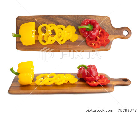 Top view of bell peppers. Fresh vegetables. Raw organic healthy food. Grocery and supermarket cooking and eating isolated on white background. Top view of bell peppers. Fresh vegetables. Raw organic healthy food. Grocery and supermarket cooking and eating isolated on white background. 79793378