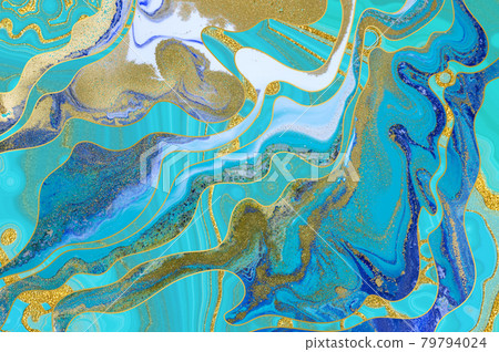 Marbled blue and gold abstract background. Liquid marble pattern digital imitation in ocean water style. 79794024