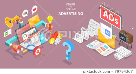 3D Isometric Flat Vector Conceptual Illustration of Online vs Offline Advertising. 79794367
