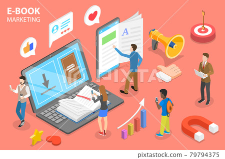 3D Isometric Flat Vector Conceptual Illustration of E-book Marketing Campaign. 79794375
