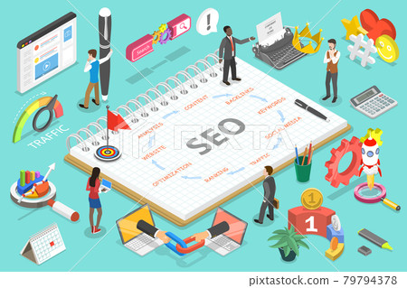 3D Isometric Flat Vector Conceptual Illustration of Search Engine Optimization Steps. 3D Isometric Flat Vector Conceptual Illustration of Search Engine Optimization Steps. 79794378