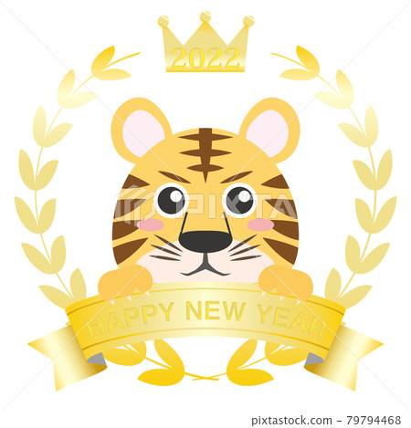 2022 New Year's card design Tiger year Tiger 07_04 (golden crown laurel frame) 79794468
