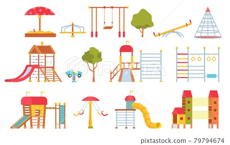 Playground equipment. Kids park carousels, swings and game modules with slides. Climbing wall and sandpit. Flat outdoor play area vector set 79794674