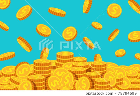 Cartoon coins falling. Gold dollar dropping, money rain background. Flying currency. Treasure, wealth or successful business vector concept Cartoon coins falling. Gold dollar dropping, money rain background. Flying currency. Treasure, wealth or successful business vector concept 79794699